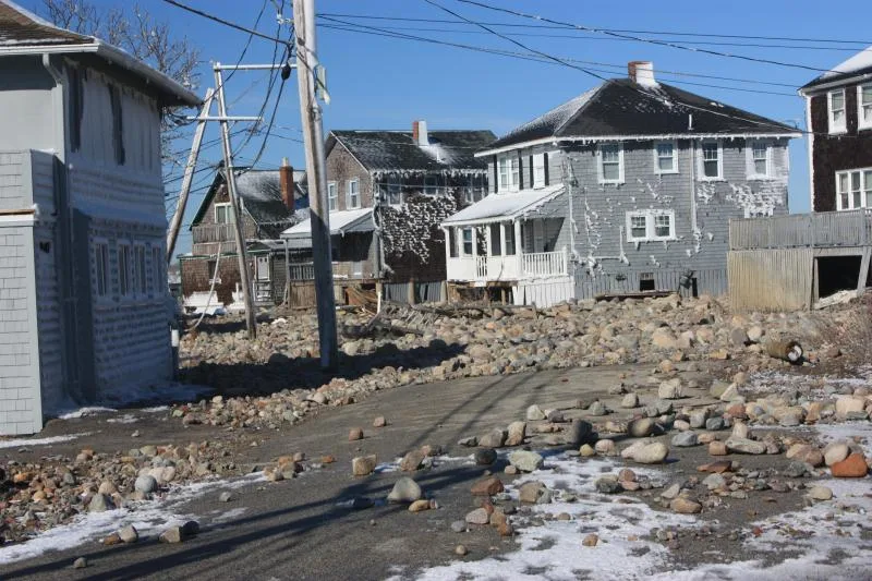Stone and storm debris covering a Cedar Point street after the February 2013 blizzard
